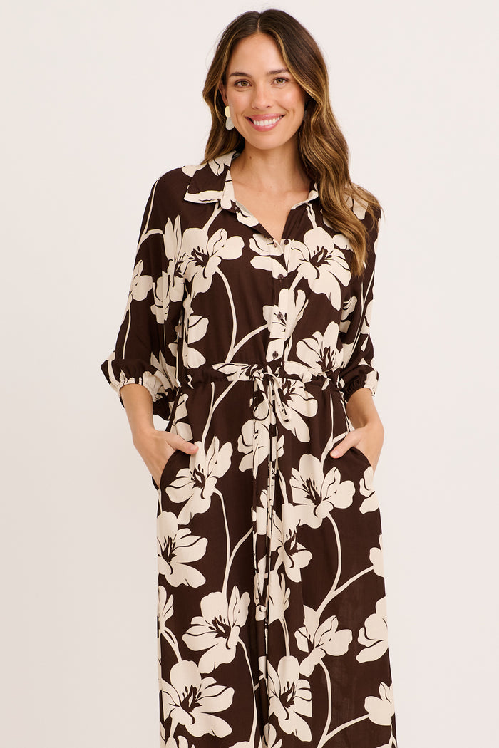 Neroli Midi Shirt Dress In Chocolate and Cream Floral front