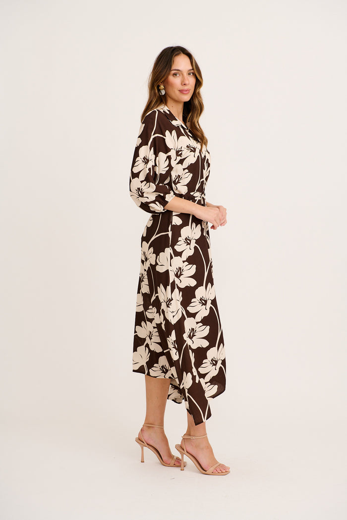 Neroli Midi Shirt Dress In Chocolate and Cream Floral side