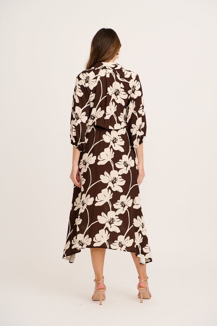 Neroli Midi Shirt Dress In Chocolate and Cream Floral back