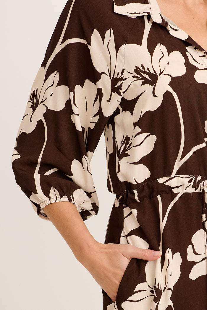 Neroli Midi Shirt Dress In Chocolate and Cream Floral detail