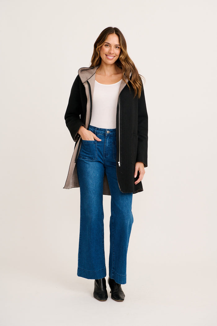 Bruna Hooded Coat in Black full length