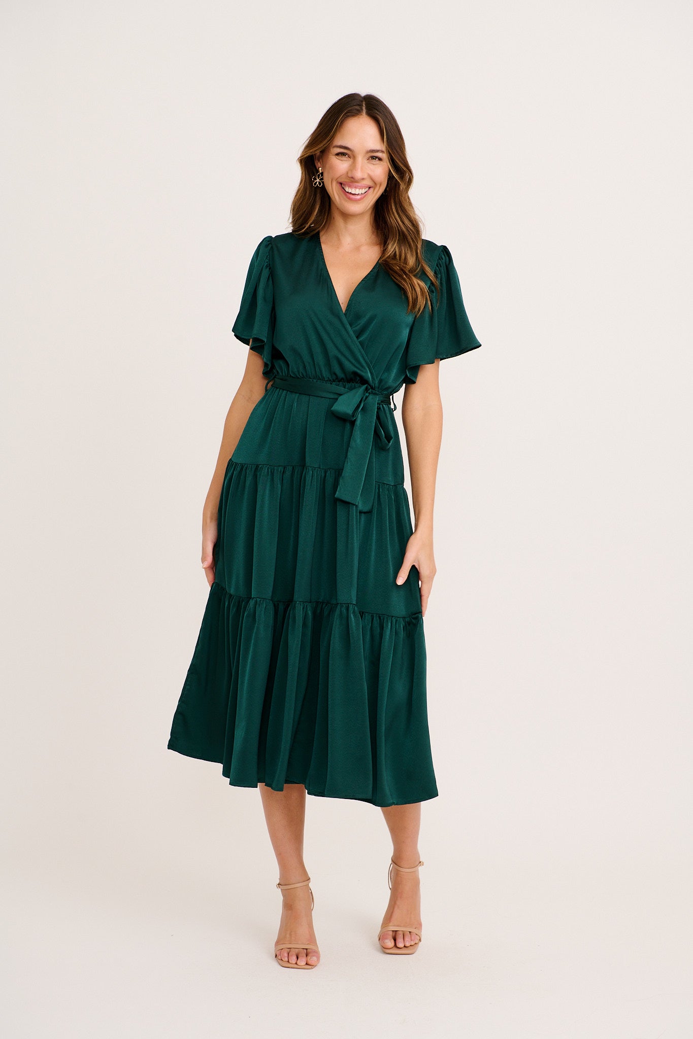 Radiant Petal Midi Dress in Emerald Satin full length