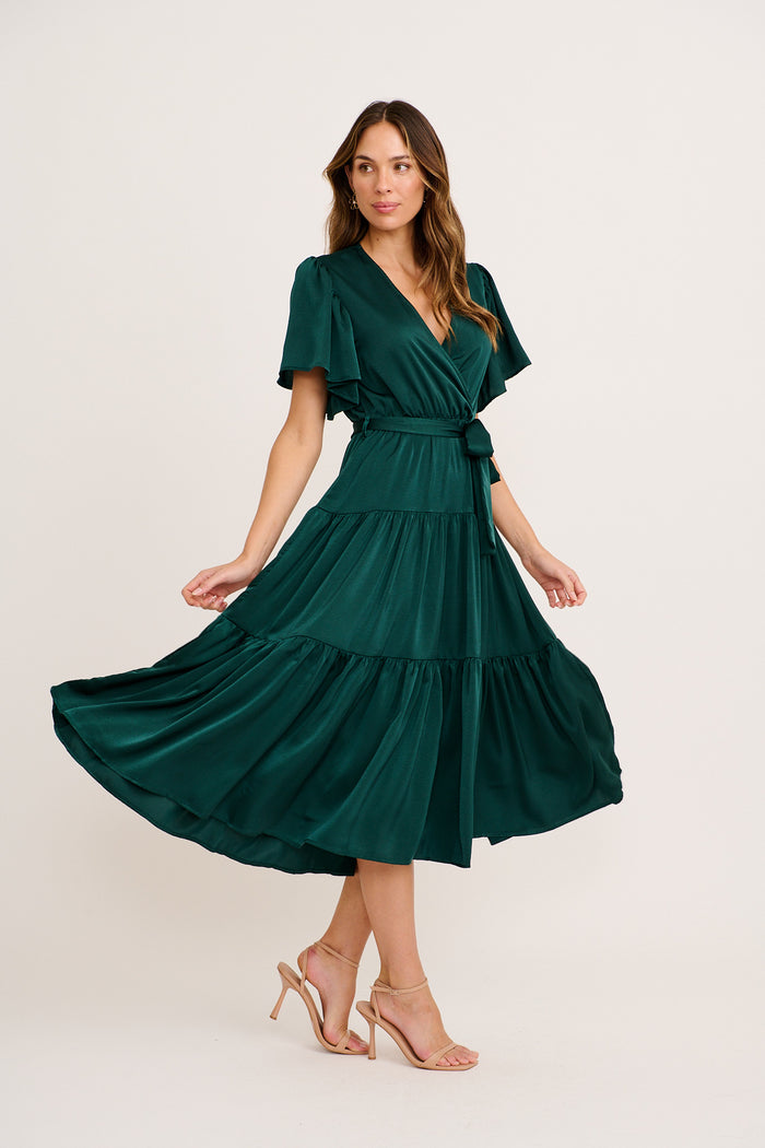 Radiant Petal Midi Dress in Emerald Satin side