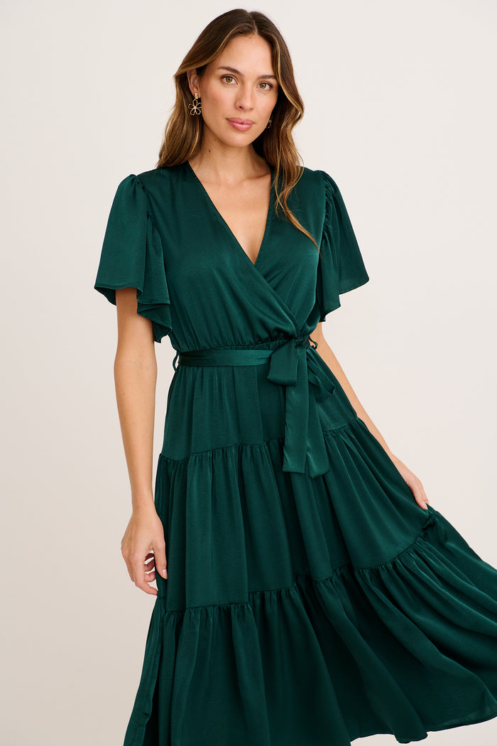 Radiant Petal Midi Dress in Emerald Satin front