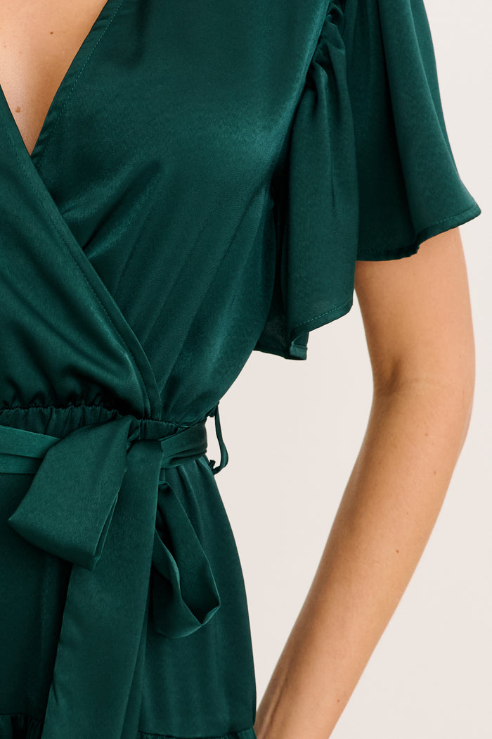 Radiant Petal Midi Dress in Emerald Satin detail