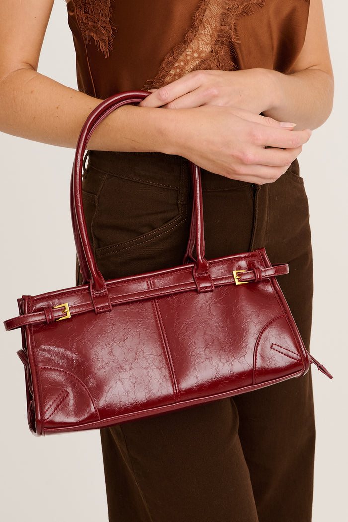 Ruby Shoulder Bag in Burgundy on model close up