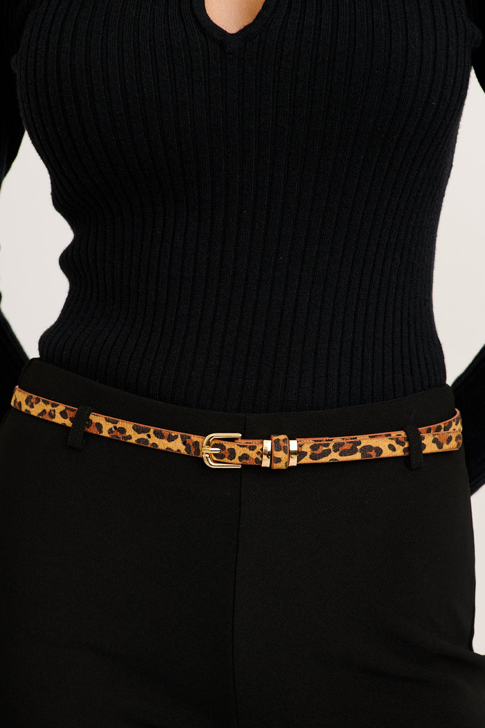 Maya Two in One Belt in Tan and Leopard on model close up