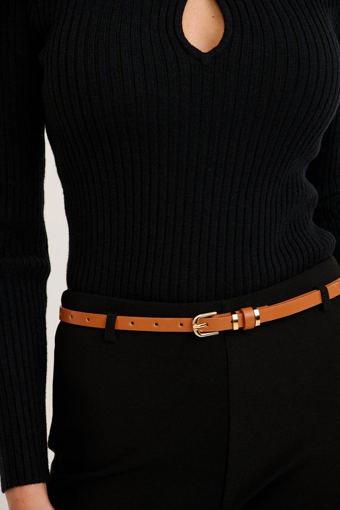 Maya Two in One Belt in Tan and Leopard on model close up