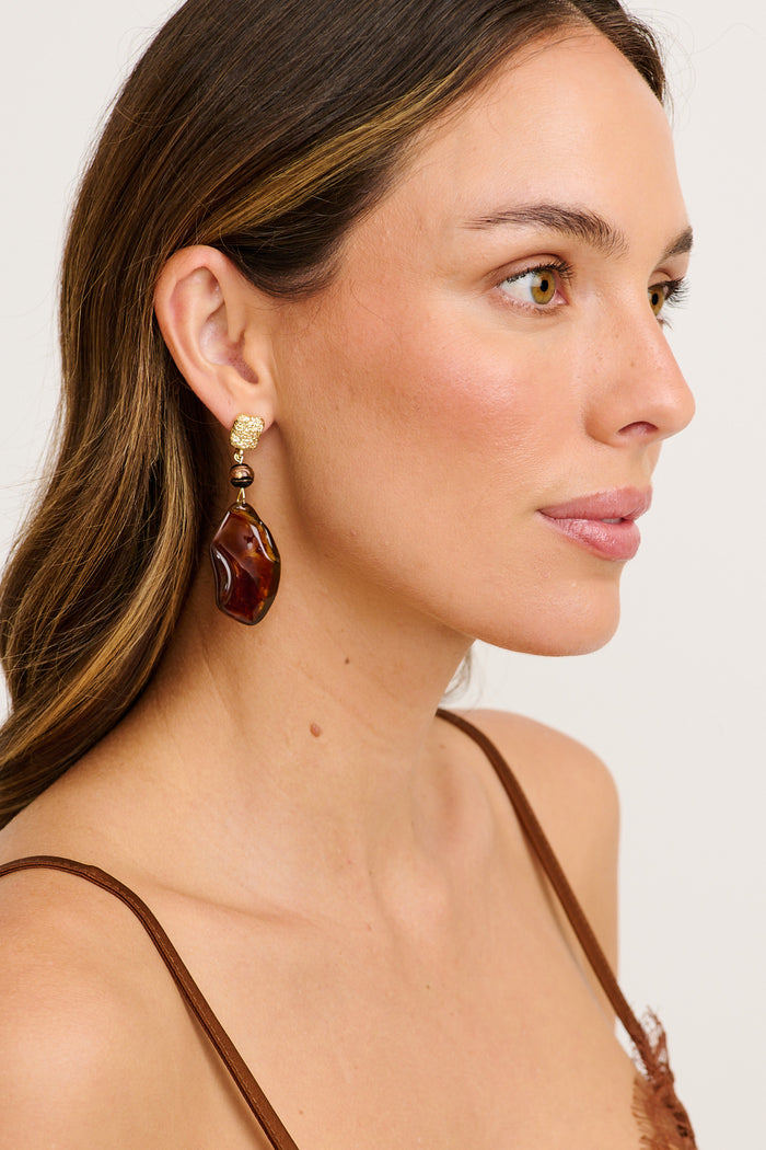 Amber Resin Drop Earrings in Multi Brown on model side