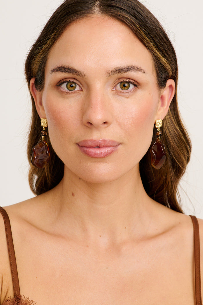 Amber Resin Drop Earrings in Multi Brown on model front