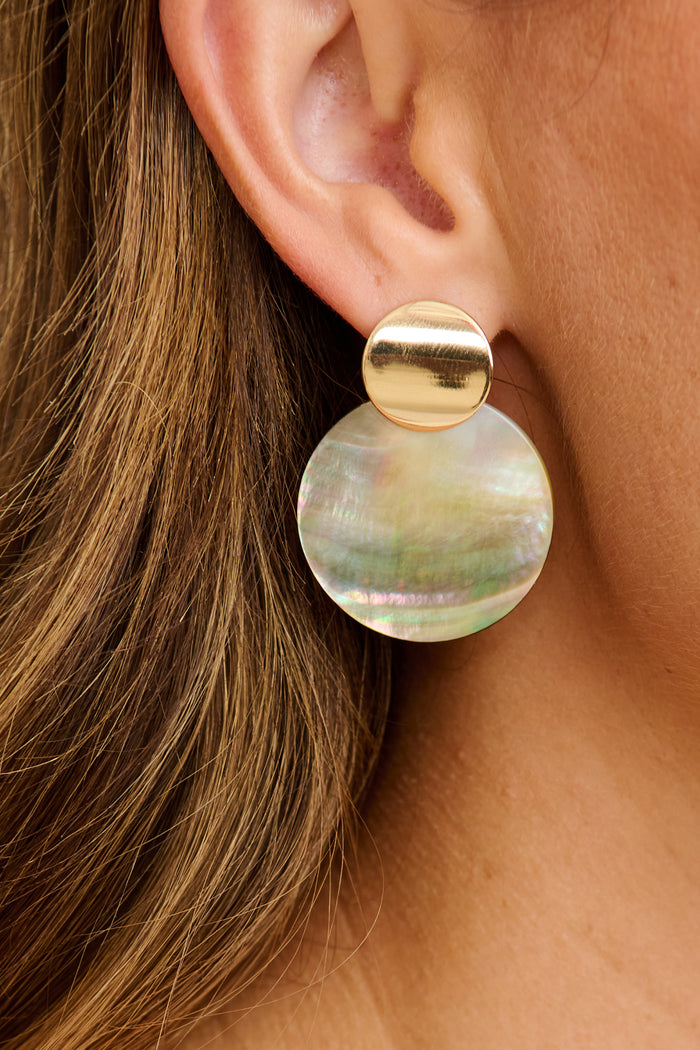 Avantie Drop Earrings in Gold with Shell on model close up