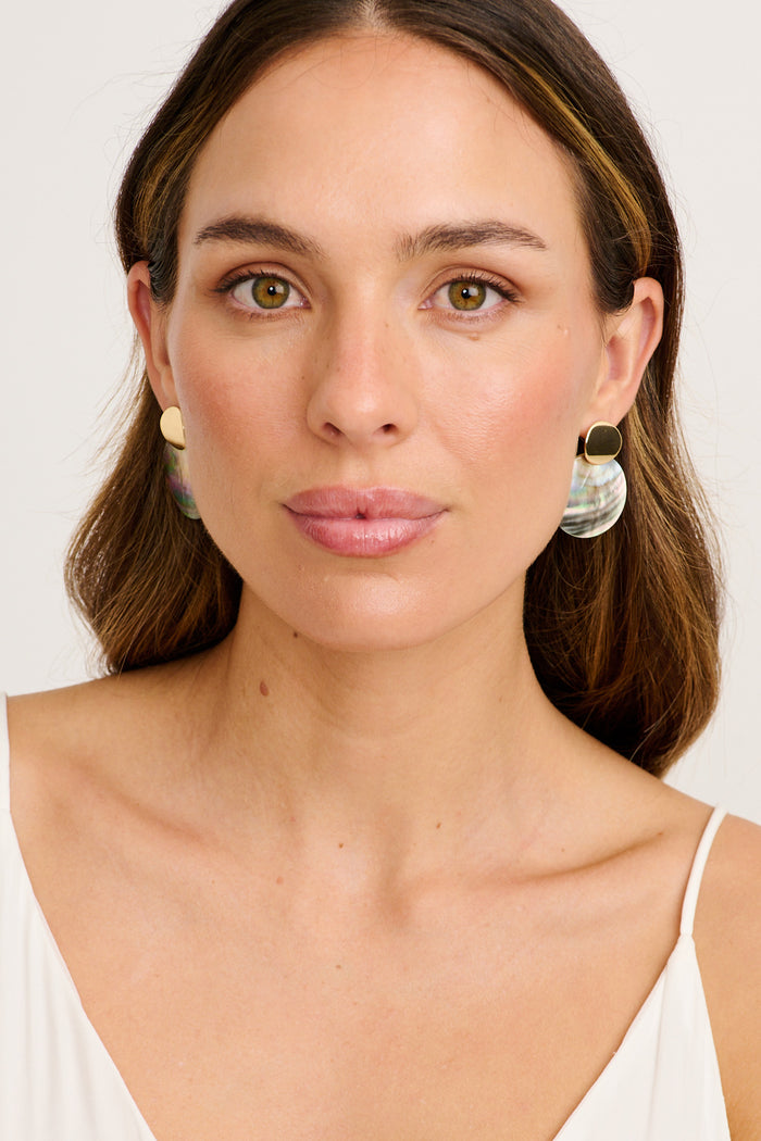 Avantie Drop Earrings in Gold with Shell on model front
