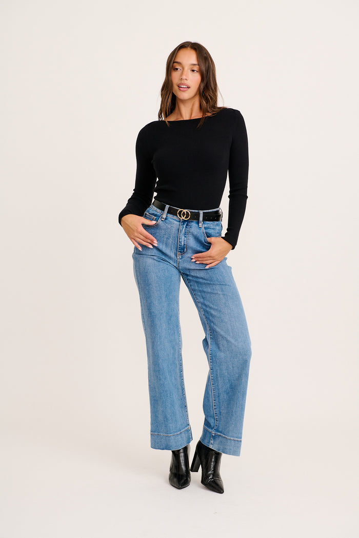 Base Knit Top in Black Cotton Blend full length