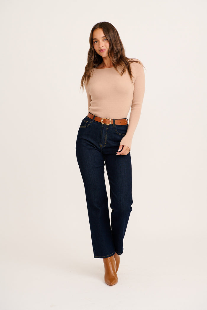 Base Knit Top in Taupe Cotton Blend full length