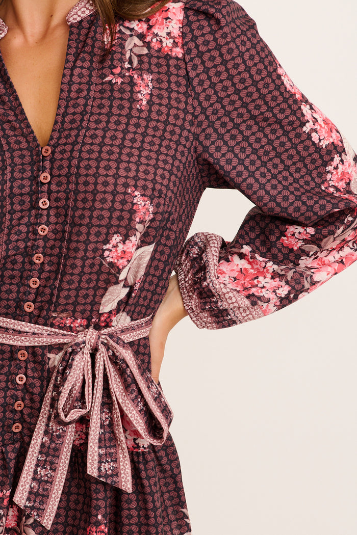 After Dark Love Dress in Brown with Blush Floral Linen Blend detail