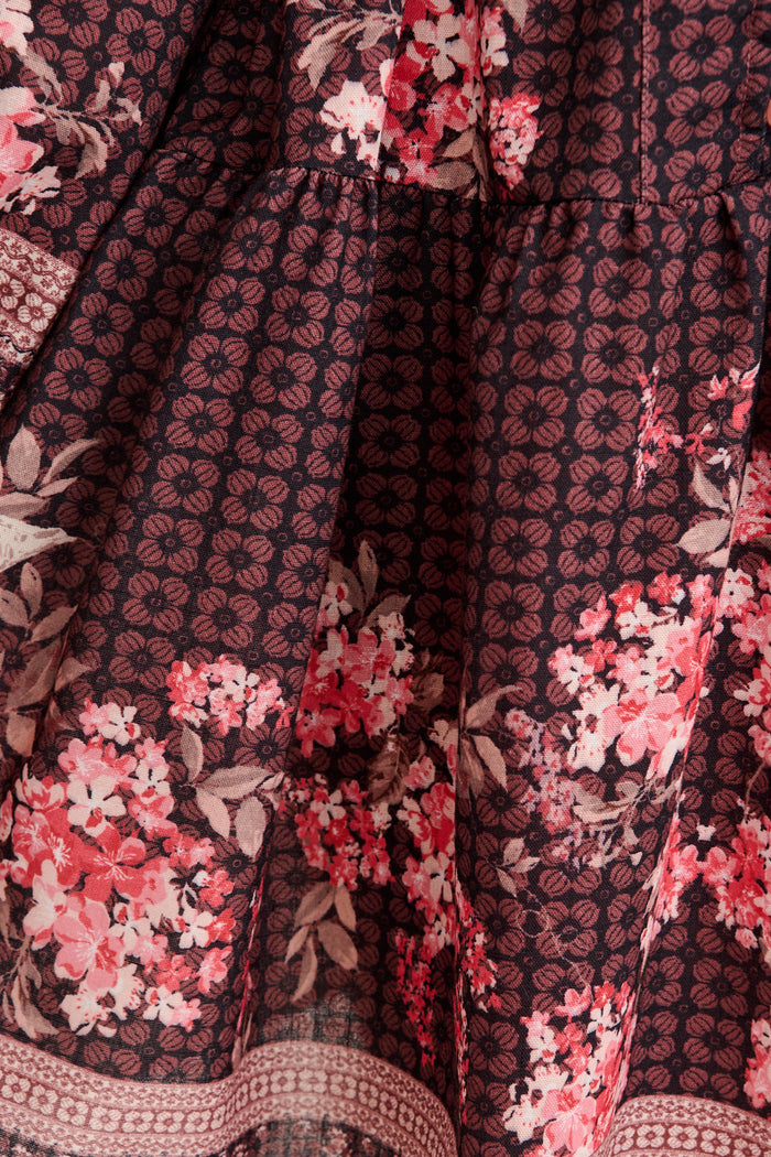 After Dark Love Dress in Brown with Blush Floral Linen Blend fabric