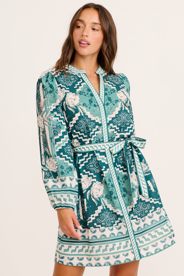 Timeless Affair Dress in Green Multi Tile Linen Blend front