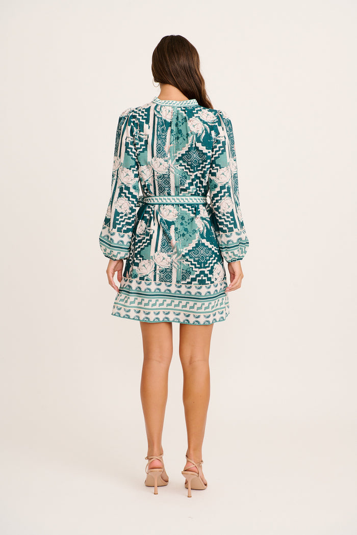 Timeless Affair Dress in Green Multi Tile Linen Blend back