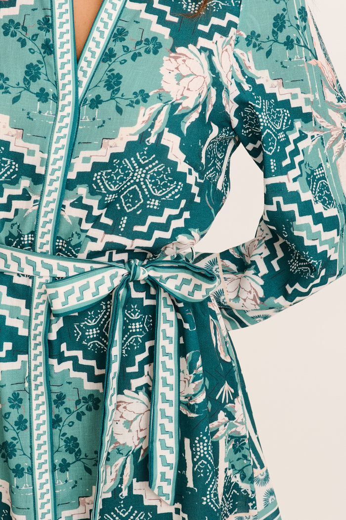 Timeless Affair Dress in Green Multi Tile Linen Blend detail