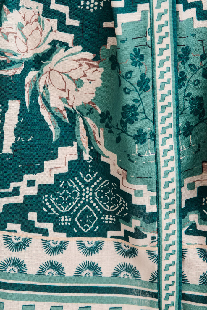 Timeless Affair Dress in Green Multi Tile Linen Blend fabric