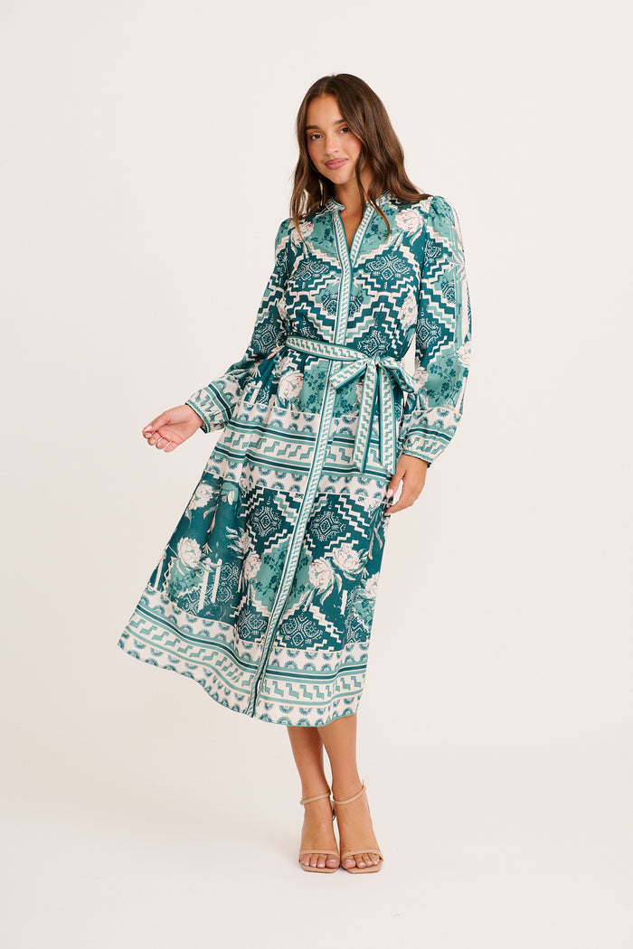 Janeiro Midi Dress in Green Multi Tile Linen Blend full length