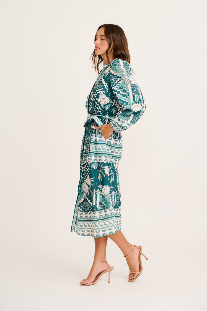 Janeiro Midi Dress in Green Multi Tile Linen Blend side