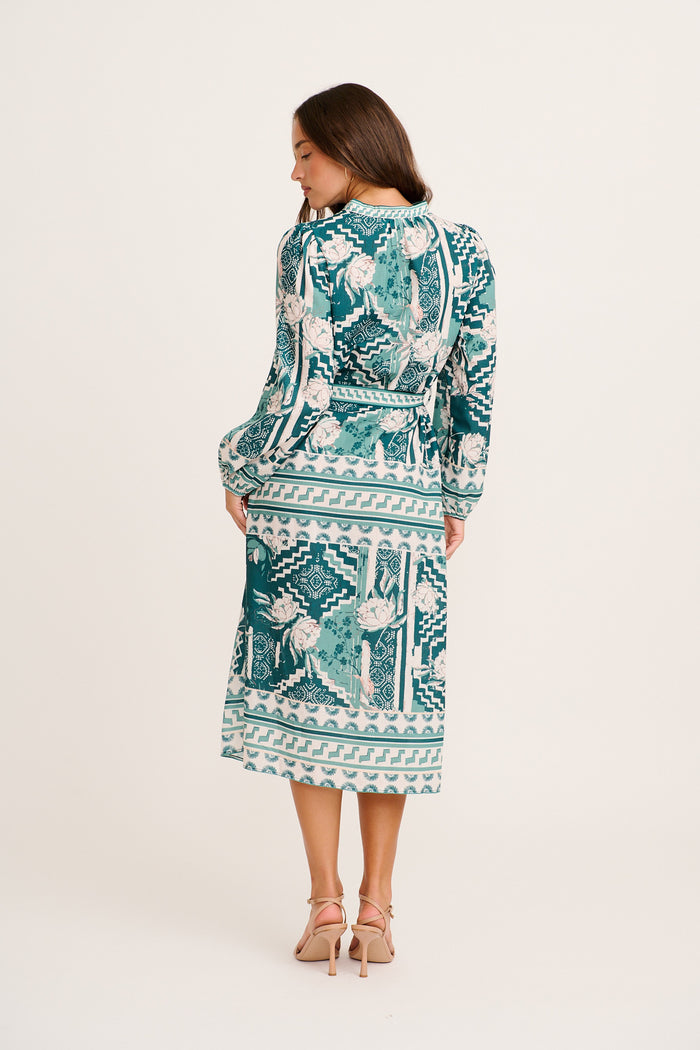 Janeiro Midi Dress in Green Multi Tile Linen Blend back
