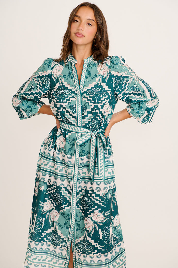 Janeiro Midi Dress in Green Multi Tile Linen Blend front