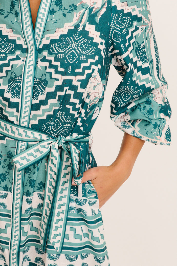 Janeiro Midi Dress in Green Multi Tile Linen Blend detail
