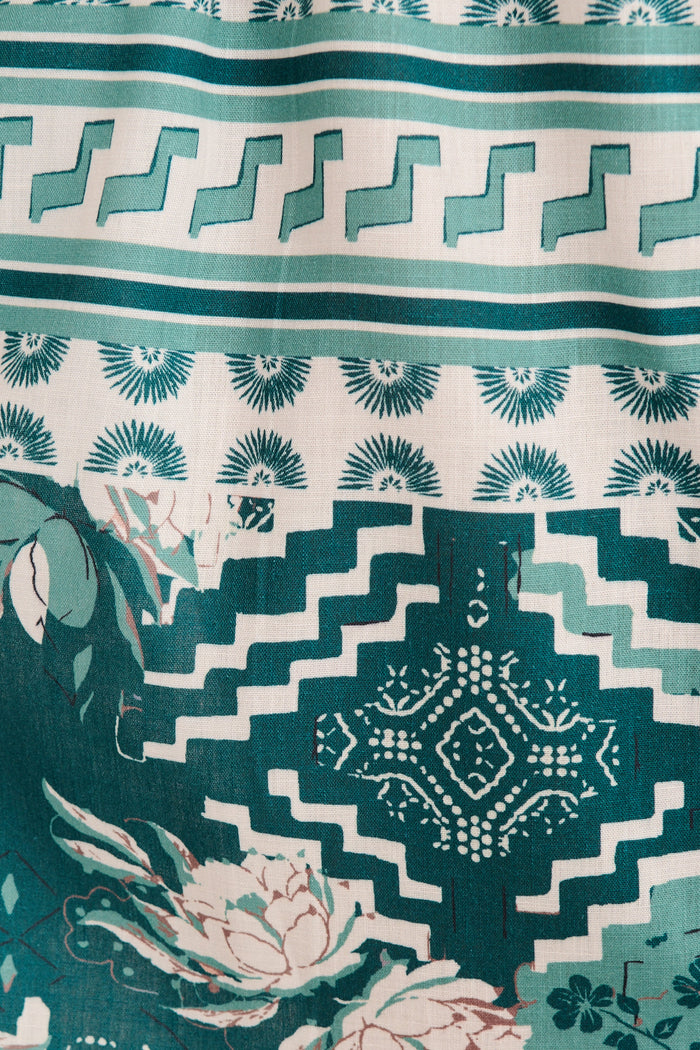 Janeiro Midi Dress in Green Multi Tile Linen Blend fabric