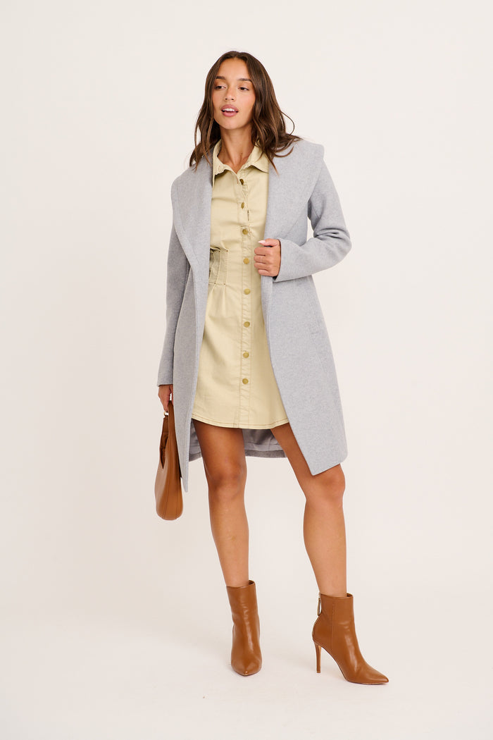 Reckless Shirt Dress in Beige Denim full length