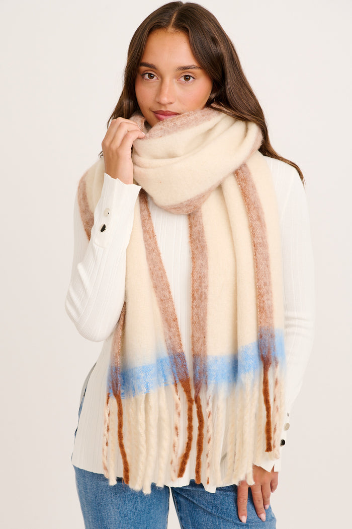 Isla Knit Scarf in Cream Blue Colorblock on model front