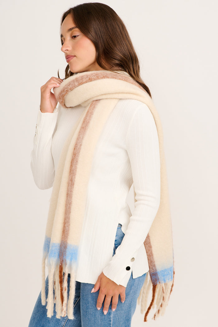 Isla Knit Scarf in Cream Blue Colorblock on model side