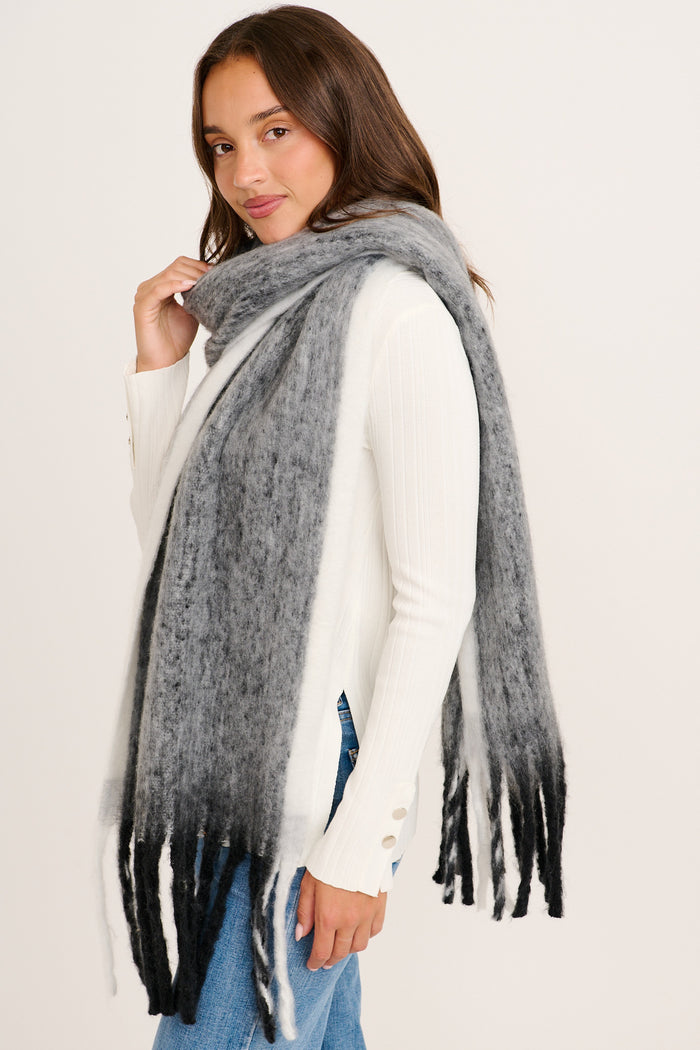 Isla Knit Scarf in Black and Grey Colorblock on model side