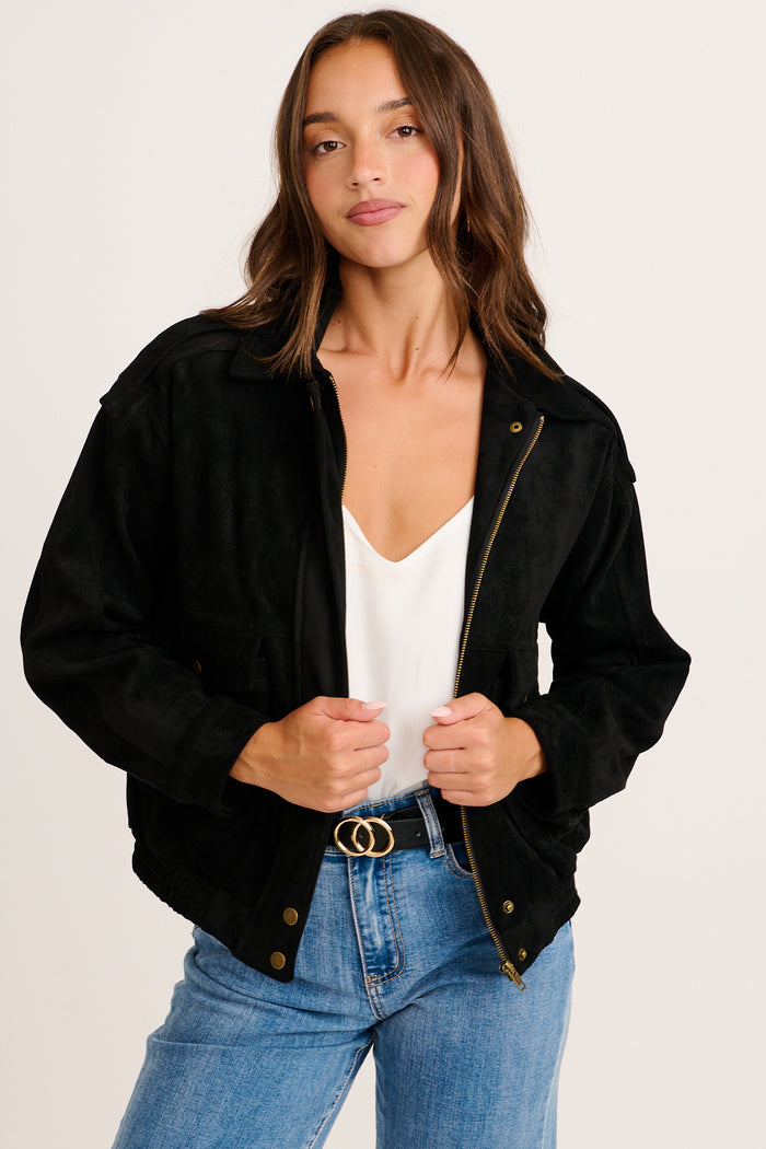 Clara Bomber Jacket in Black Suedette front