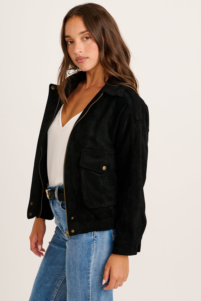 Clara Bomber Jacket in Black Suedette side