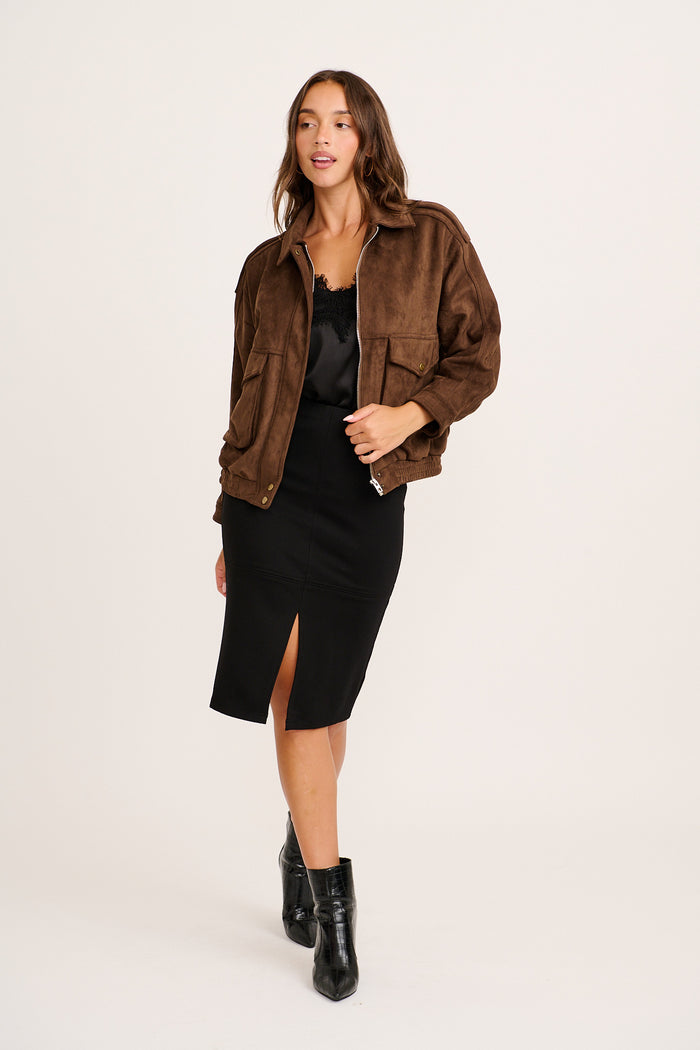 Clara Bomber Jacket in Chocolate Suedette full length
