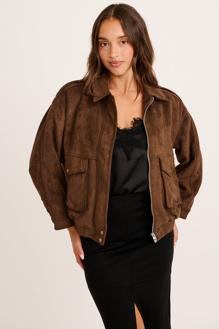 Clara Bomber Jacket in Chocolate Suedette front