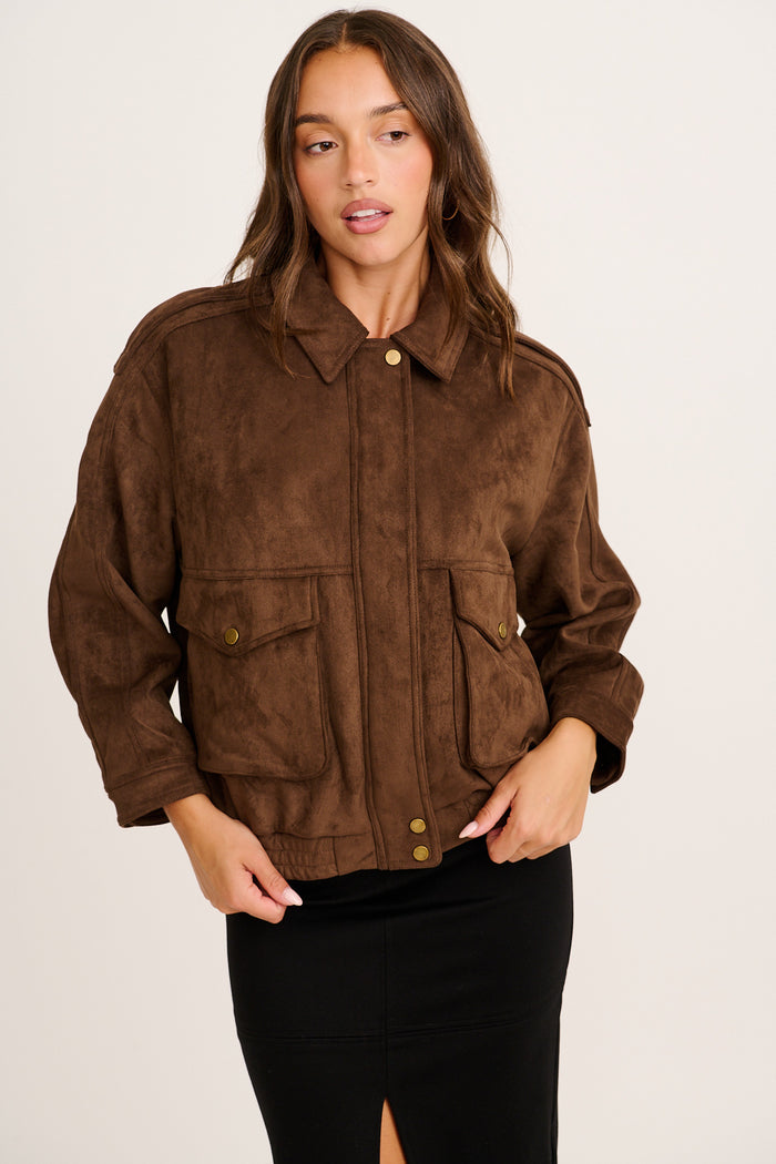 Clara Bomber Jacket in Chocolate Suedette front