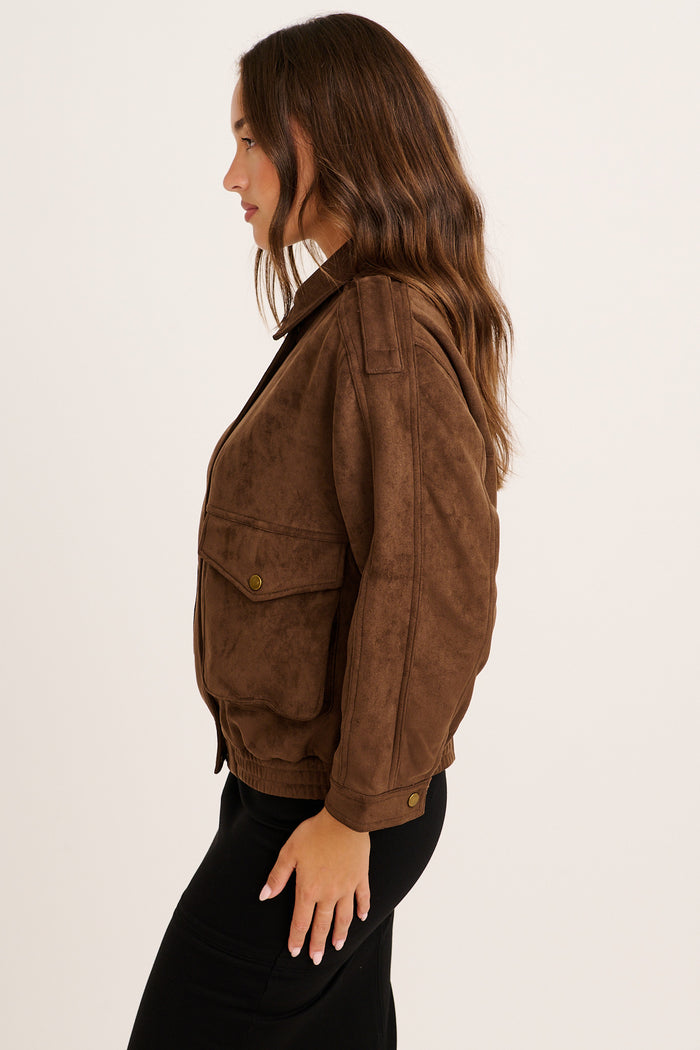 Clara Bomber Jacket in Chocolate Suedette side