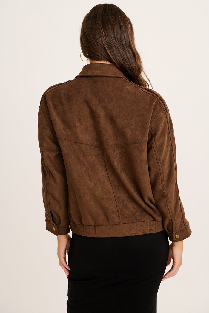 Clara Bomber Jacket in Chocolate Suedette back