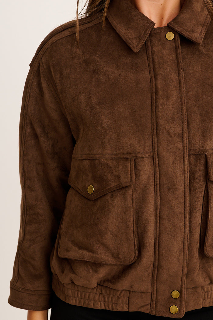 Clara Bomber Jacket in Chocolate Suedette detail