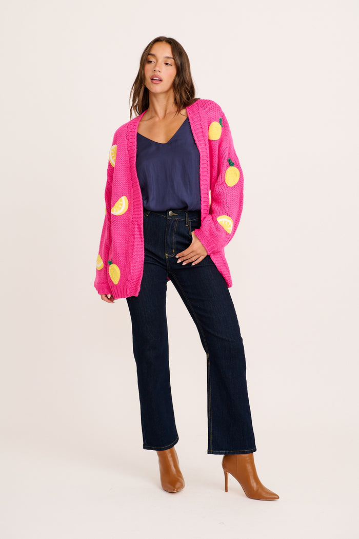 Limoni Knit Cardigan in Hot Pink with Lemon full length