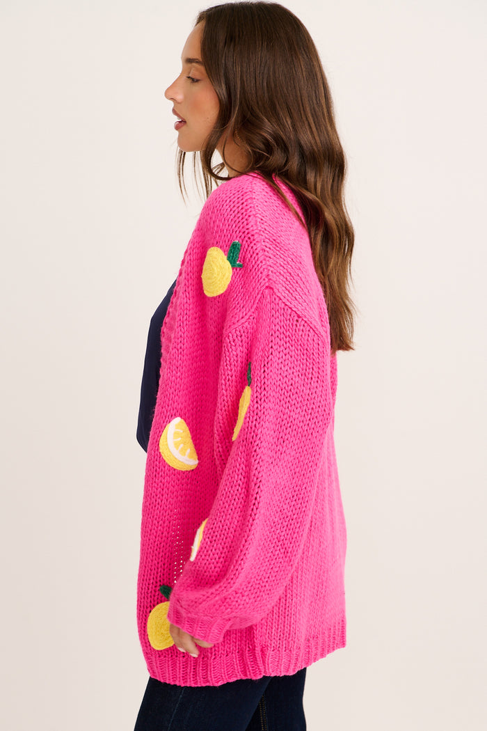 Limoni Knit Cardigan in Hot Pink with Lemon side
