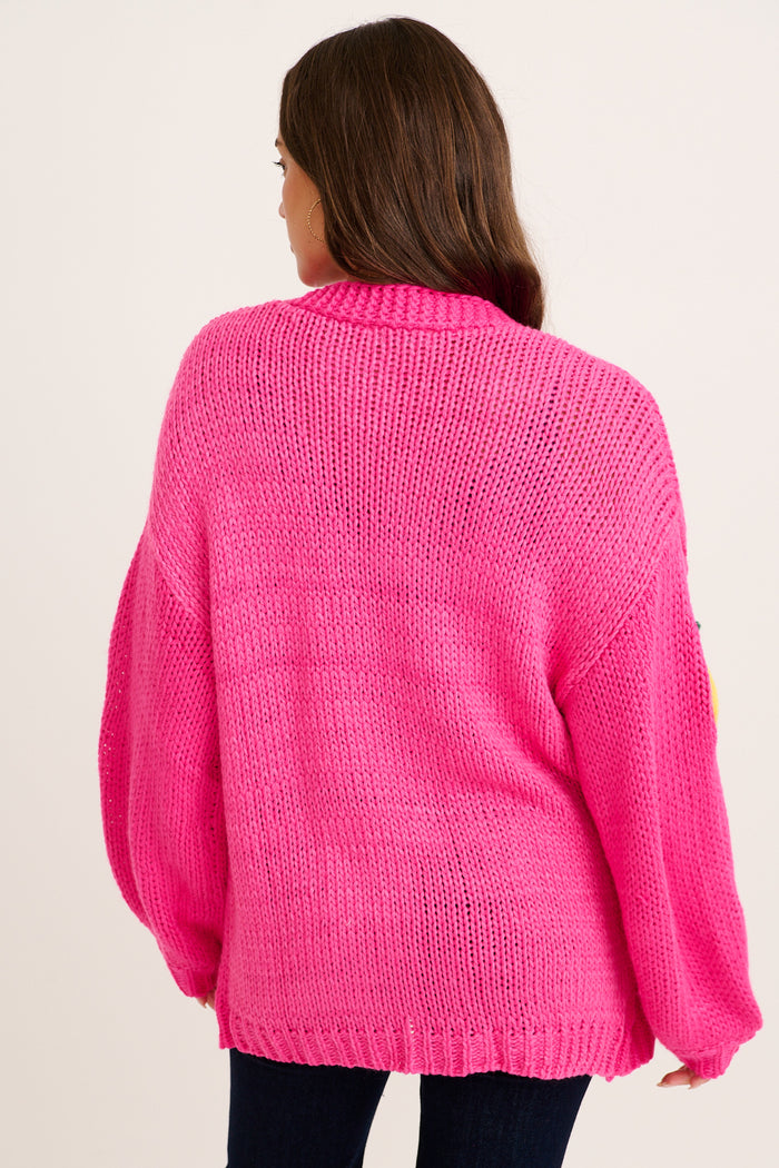Limoni Knit Cardigan in Hot Pink with Lemon back