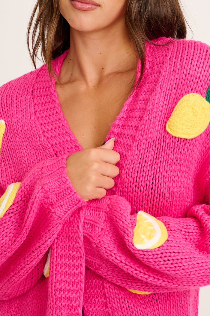 Limoni Knit Cardigan in Hot Pink with Lemon detail