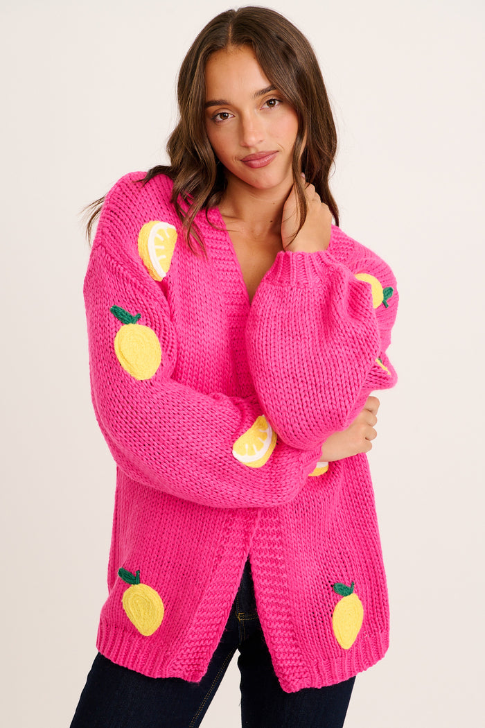 Limoni Knit Cardigan in Hot Pink with Lemon front