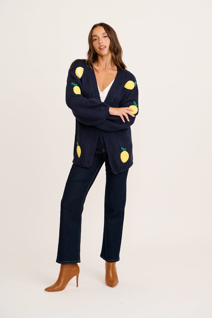 Limoni Knit Cardigan in Navy with Lemon full length