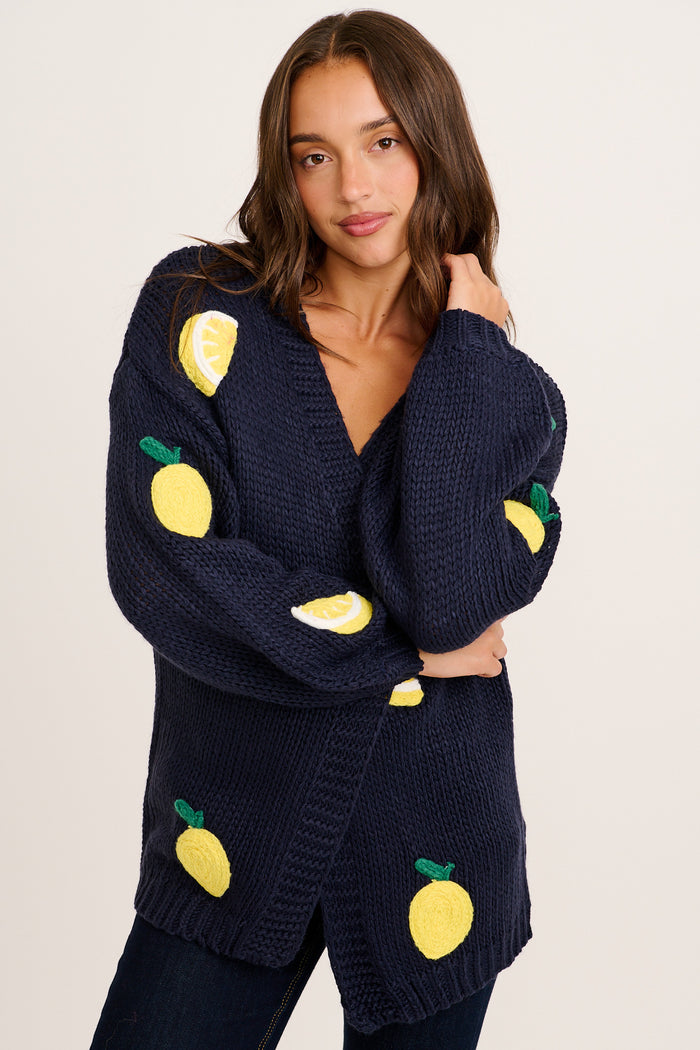 Limoni Knit Cardigan in Navy with Lemon front
