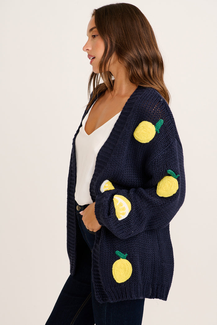 Limoni Knit Cardigan in Navy with Lemon side